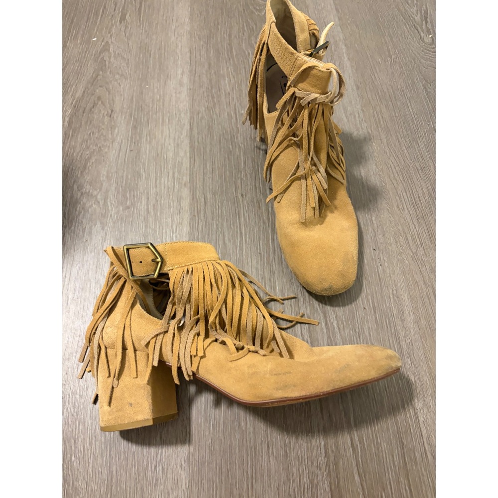 L'Intervalle Tan Suede Fringe Ankle Boots Western Boho Block‎ Heel Size 40